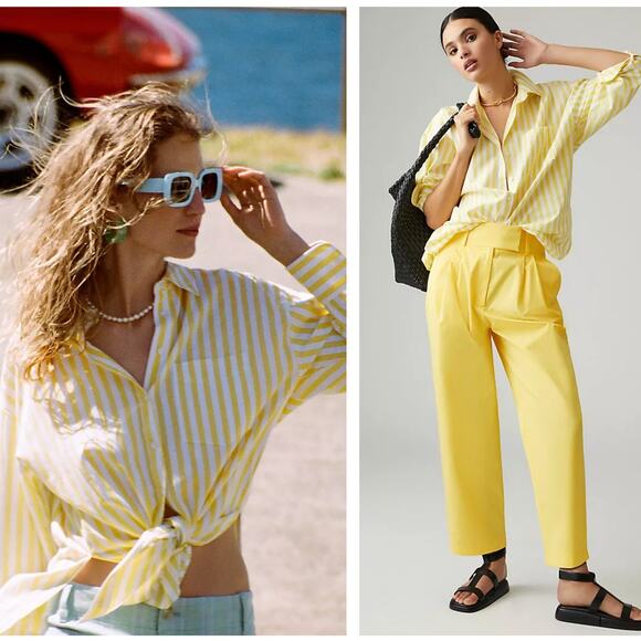 ANTHROPOLOGIE x MAEVE The Bennet Buttondown Shirt Yellow Stripe Sz XS {V33} - Picture 1 of 5